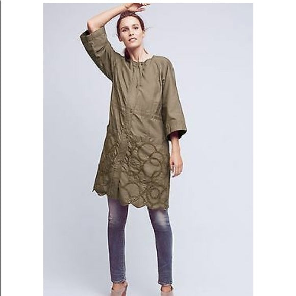 Hei Hei Anthropologie Green Embroidered Eyelet Scallop Long Jacket Trench Size S