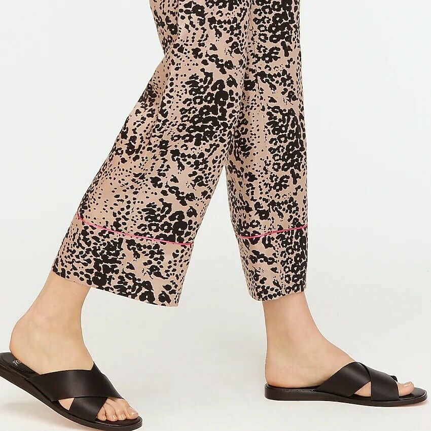 J Crew Leopard Print Linen Blend High Rise Cropped Peyton Pants Size 2 Pink Trim