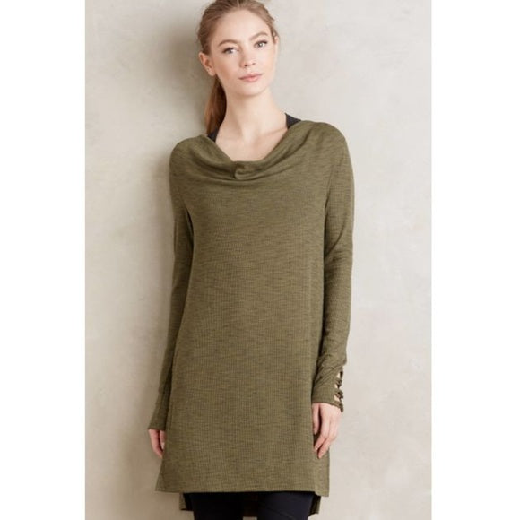 Pure + Good Anthropologie Olive Green Ribbed Cowl Neck Knit Tunic Size XS
