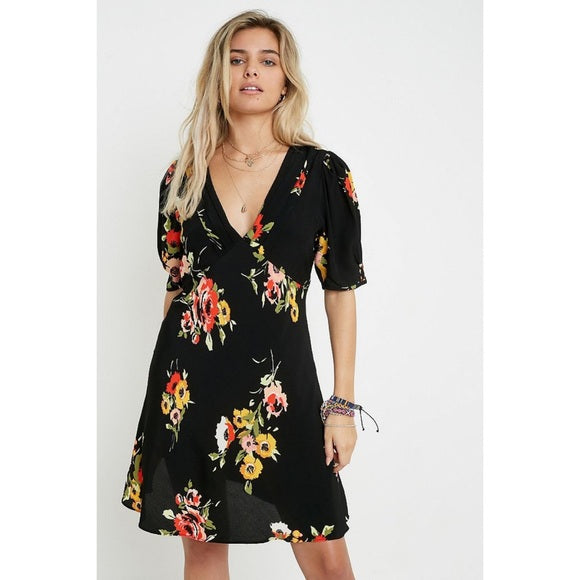 Free People Neon Garden Black Floral Print Mini Dress Size 8 V Neck Multi Color