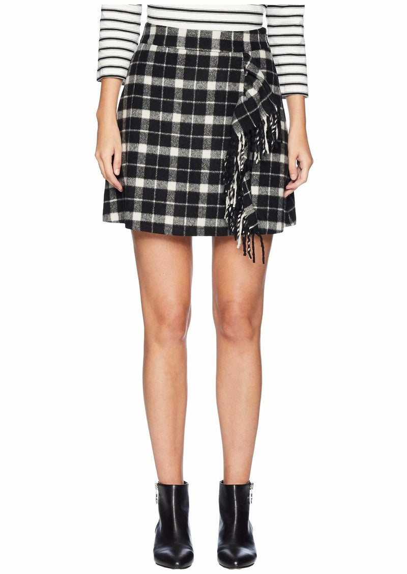 NWT Kate Spade Rustic Plaid Fringe Skirt Size 00 A Line Black White Ruffle Wool