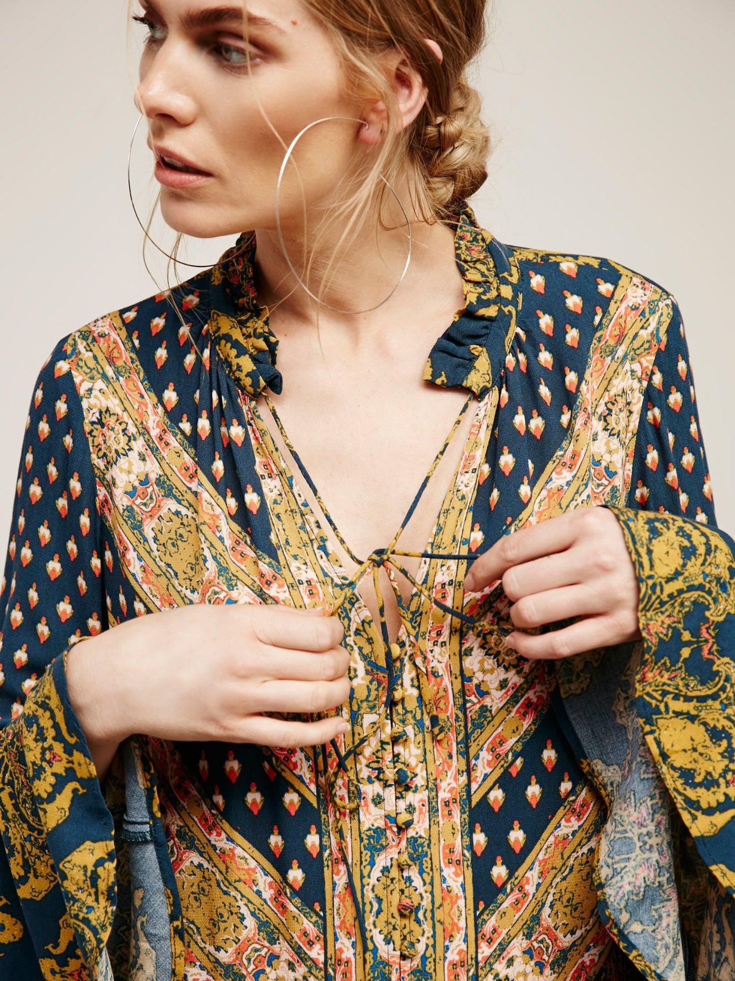 Free People Magic Mystery Printed Bell Sleeve Tunic Top Blouse Size S Teal Blue Long Sleeve