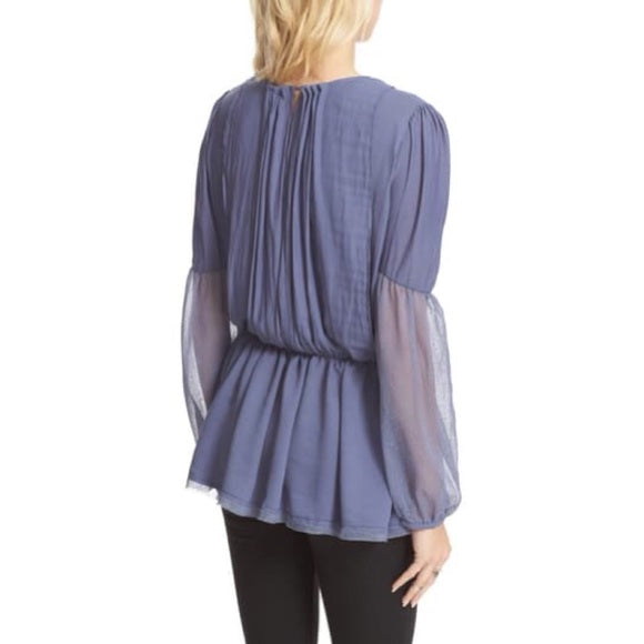NWT Free People Soul Serene Dusty Blue Mesh Lace Inset Top Blouse Size S Boho Long Sleeve