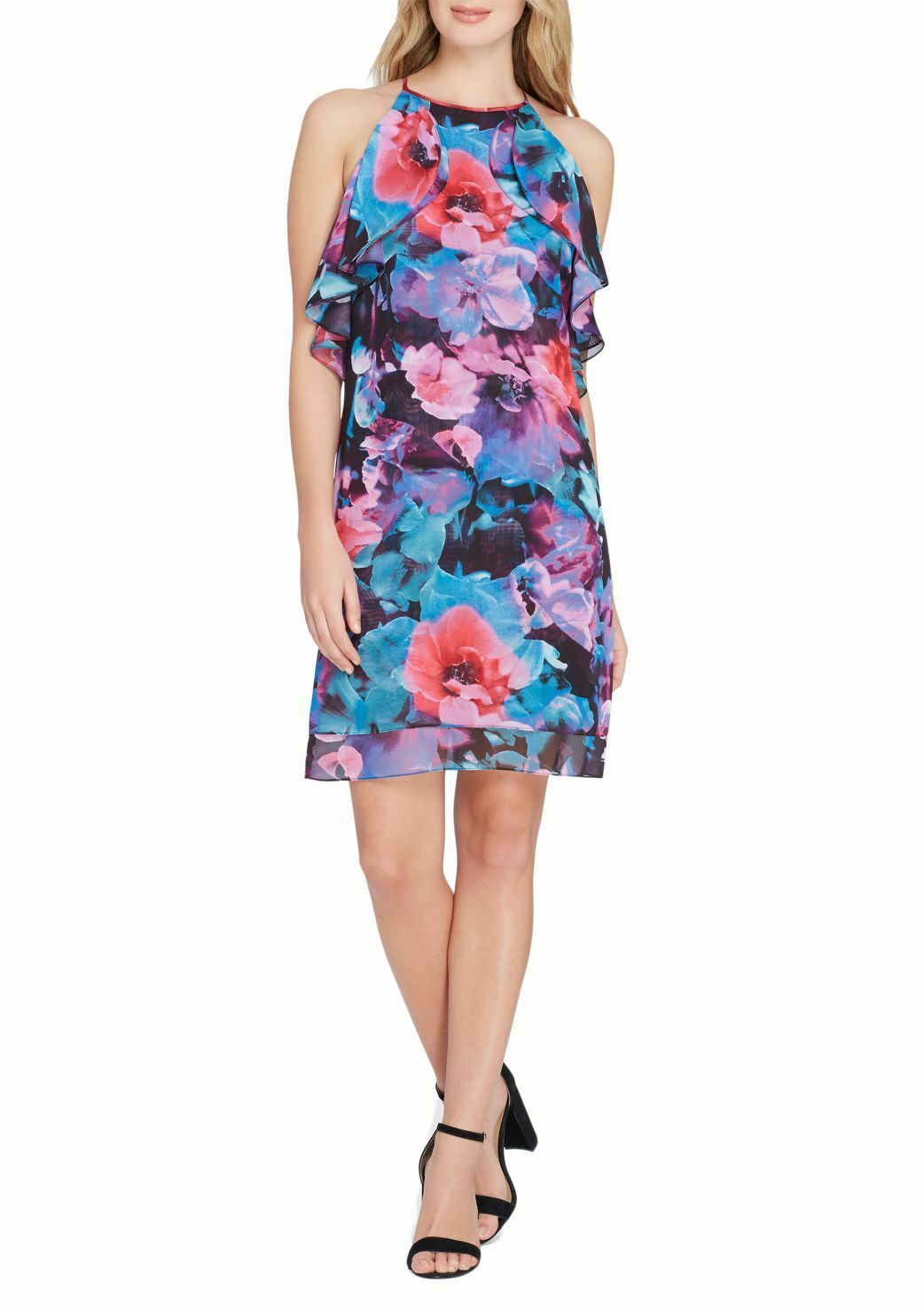 Tahari ASL Levine Watercolor Floral Ruffle Chiffon Shift Dress Size 8 Black Pink