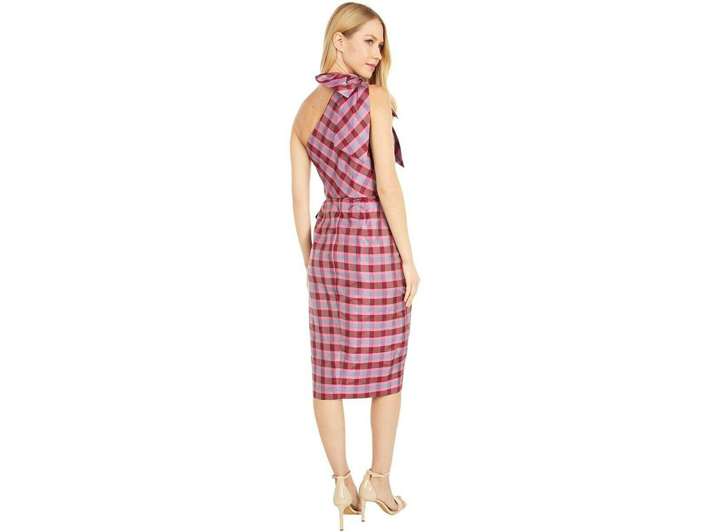 NWT J Crew Womens Ocho Silk Plaid One Shoulder Bow Dress Size 6 Pink Sheath