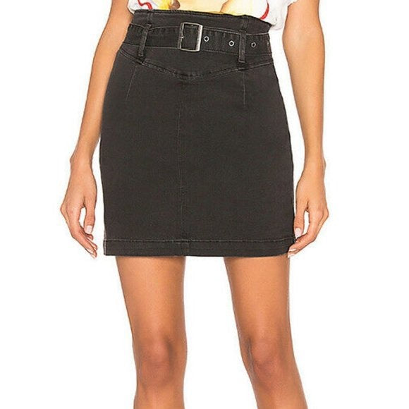 NWT Free People Livin it Up Worn Black Denim Pencil Skirt Size 2 Belted