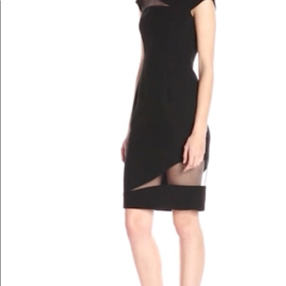 NWT Black Halo Remi Black Mesh Inset Illusion Sheath Dress Size 4 Cap Sleeve