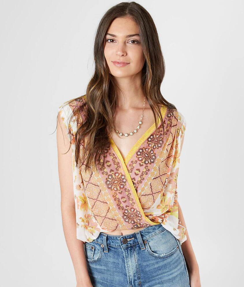 Free People Mesh Floral Print Havana Muscle Tank Hi Lo Sz XS Draped White Yellow