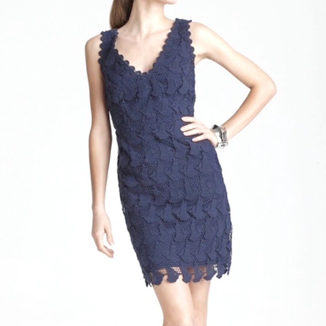 Lilly Pulitzer Reeve Navy Blue Sailboat Lace Sheath Dress Size 4 V Neck Nautical