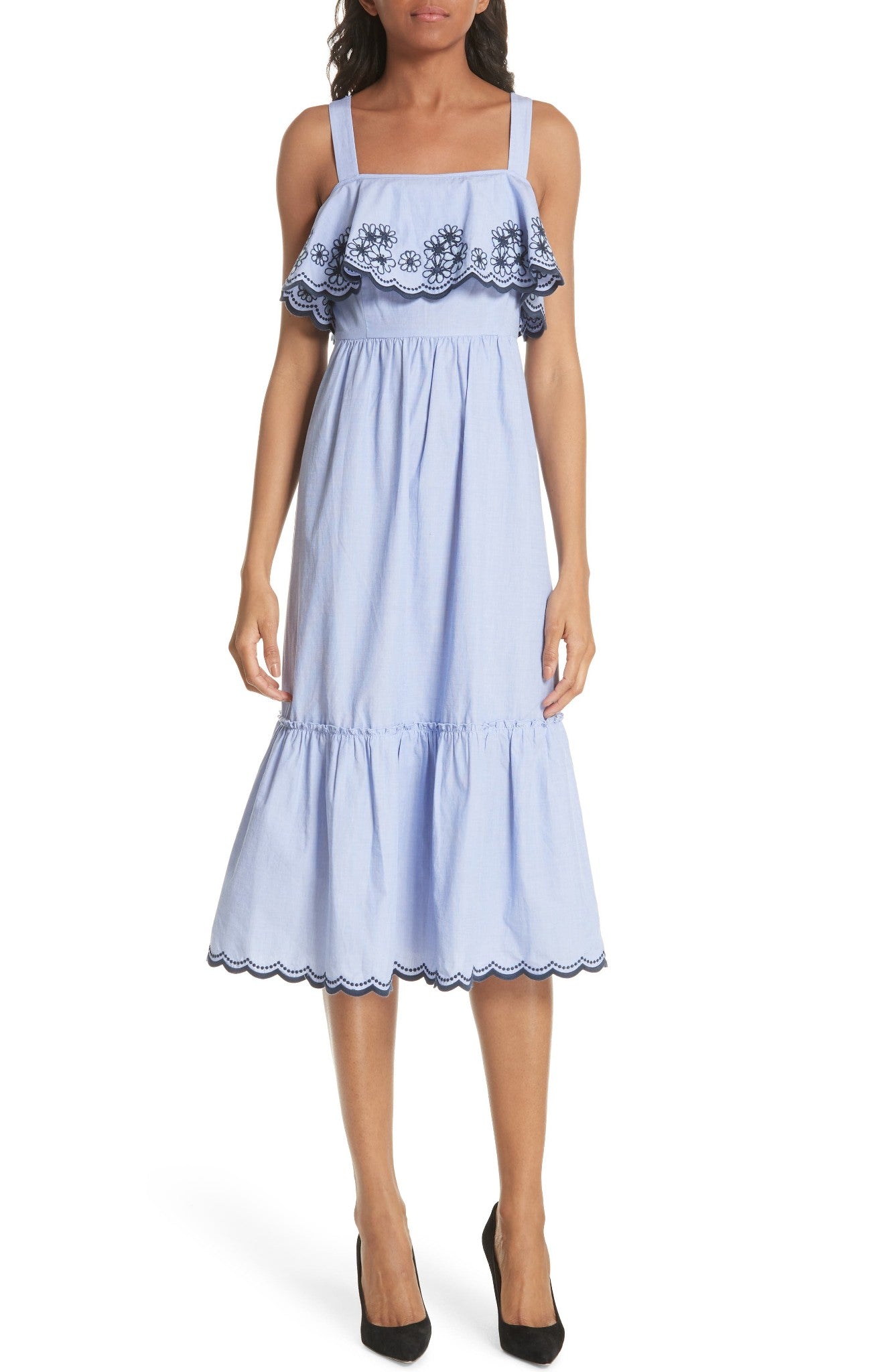 Kate Spade Blue Daisy Floral Embroidered Flounce Midi Patio Dress Size S Casual