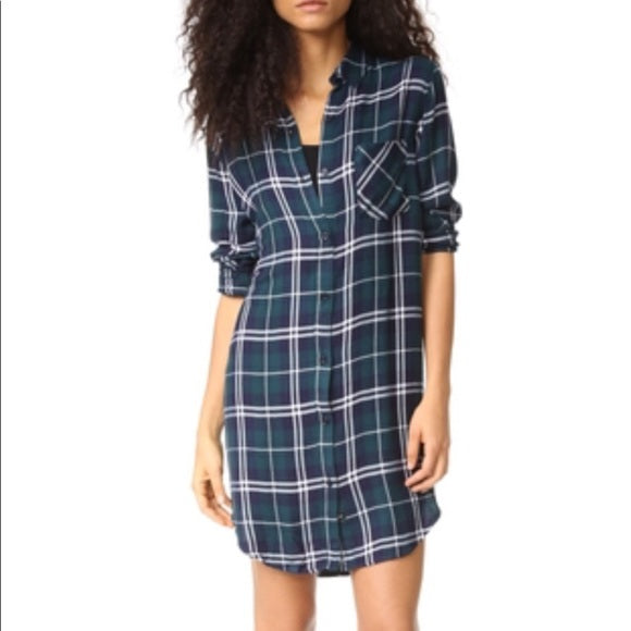 RAILS Bianca Green Navy Blue Plaid Button Front Shift Shirt Dress Size S