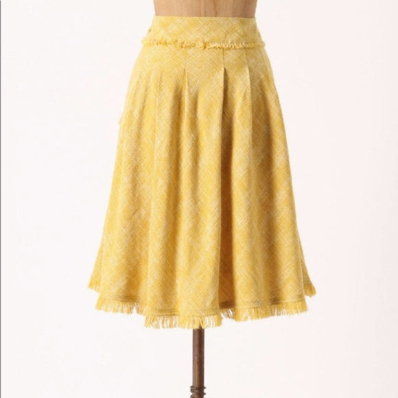 Maeve Anthropologie Yellow Tweed Fringe Trim Pleated Skirt Size 4 A Line