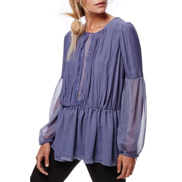 NWT Free People Soul Serene Dusty Blue Mesh Lace Inset Top Blouse Size S Boho Long Sleeve