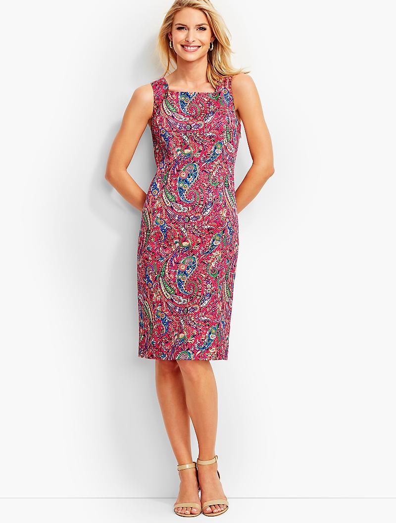 Talbots Pink Multi Color Textured Paisley Print Tie Back Sheath Dress Size 4