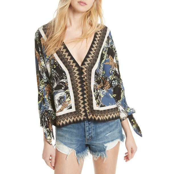 Free People Catch Me if You Can Tie Sleeve Geometric Cheetah Print Top Blouse M