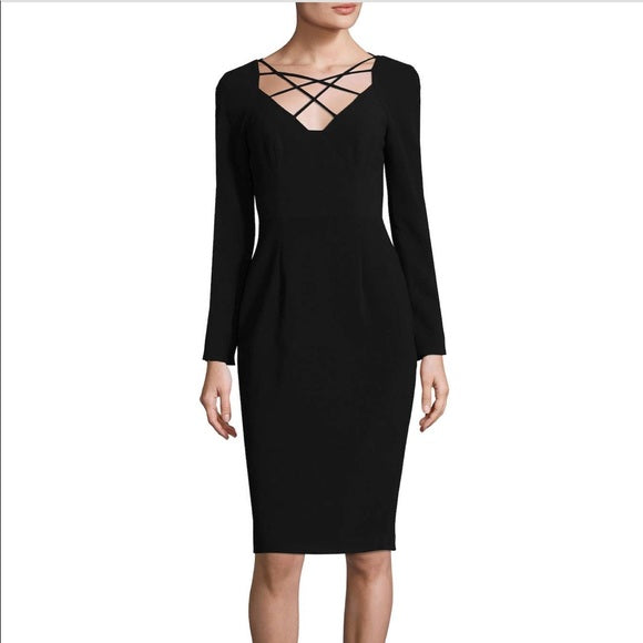 Black Halo Masca Red Cutout Caged Neckline Sheath Dress Size 8 Long Sleeve