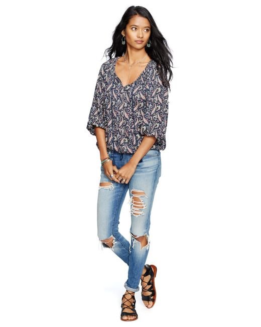 Denim and Supply Ralph Lauren Paisley Print Tassel Top Blouse Size S Navy Blue