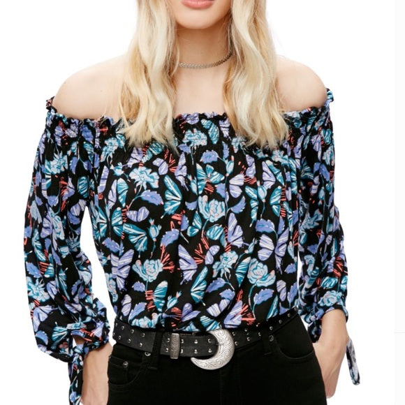 We the Free Free People Lexington Floral Off the Shoulder Top Blouse Sz S Black