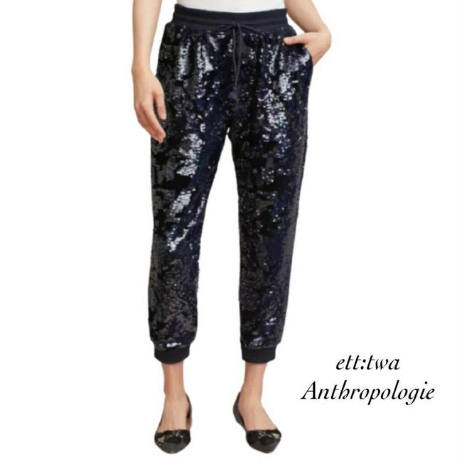 Ett Twa Anthropologie Navy Blue Velvet Sequin Jogger Pants Size PXS XSP