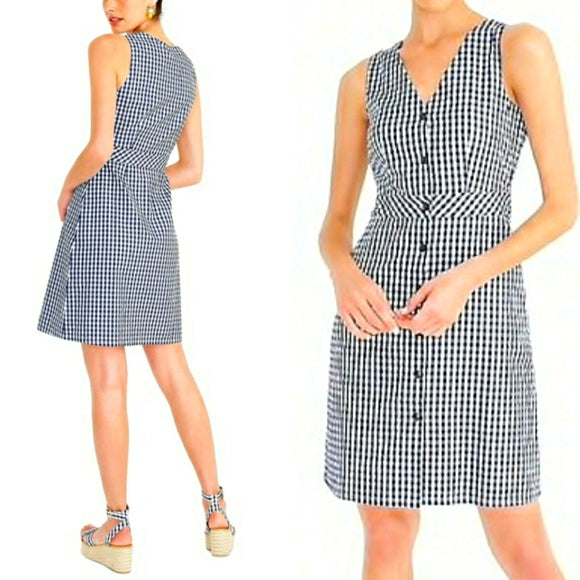 J Crew Factory Navy Blue White Gingham Plaid Button Front Dress Size 0 V Neck