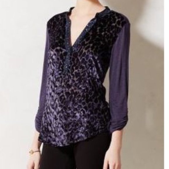 Tiny Anthropologie Vaha Navy Blue Burnout Velvet Leopard Top Blouse Sz M Sequin