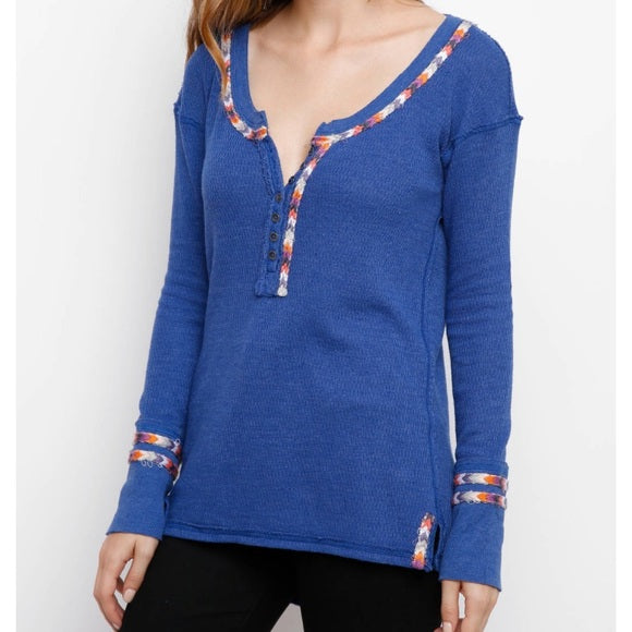 Free People Rainbow Thermal Blue Knit Henley Top Blouse Size S Scoop Neck