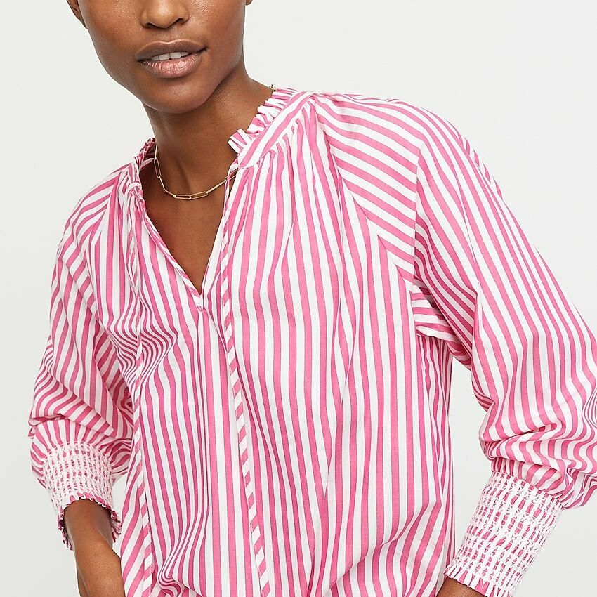 NWT J Crew Pink White Striped Smocked Cuff Tie Neck Popover Top Blouse Size XS Long Sleeve