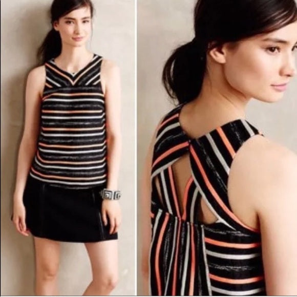 HD in Paris Anthropologie Black Orange Ribbon Striped Cutout Tank Top Blouse 0