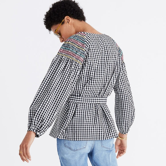 Madewell Black White Gingham Plaid Embroidered Tie Waist Tassel Top Blouse XS