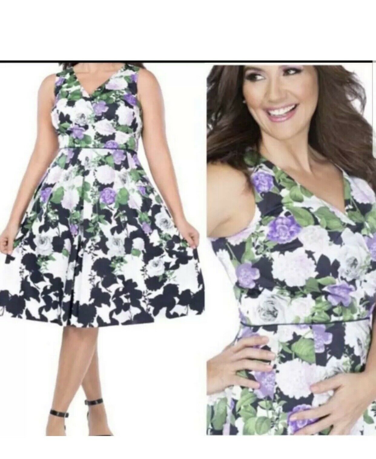 Talbots x Oprah Floral Hydrangea Fit and Flare Dress Size 8 Black Purple Green
