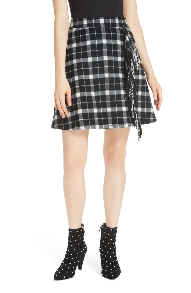 NWT Kate Spade Rustic Plaid Fringe Skirt Size 00 A Line Black White Ruffle Wool