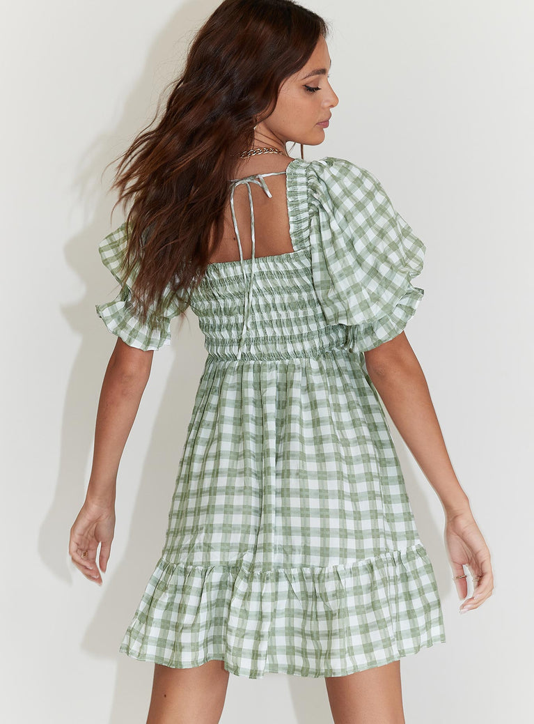 NWT Princess Polly Adelio Green Plaid Puff Sleeve Mini Dress Size US 12 Smocked