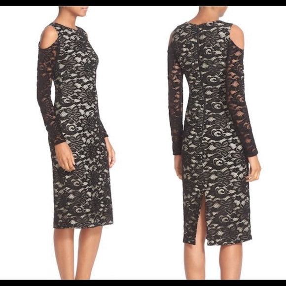 NWT $395 Alice and Olivia Laila Black Lace Illusion Cold Shoulder Dress Size 6