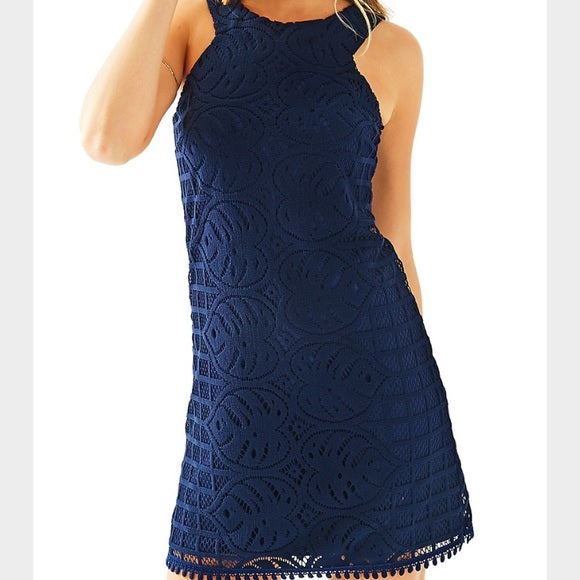 Lilly Pulitzer Mango Shift Dress True Navy Leafy Palm Lace Size XS Sleeveless