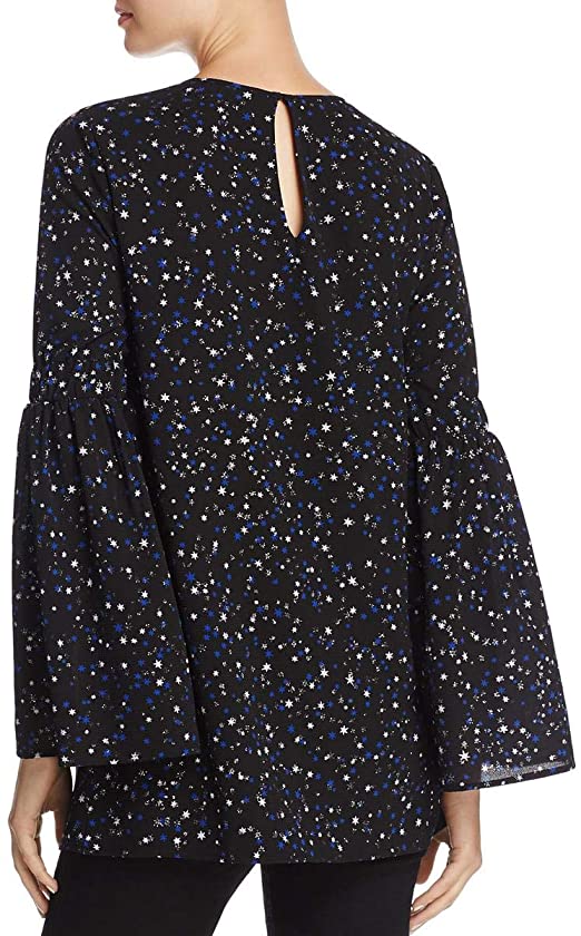NWT Michael Kors Black Blue Silver Shimmer Star Print Bell Sleeve Top Blouse S Long Sleeve