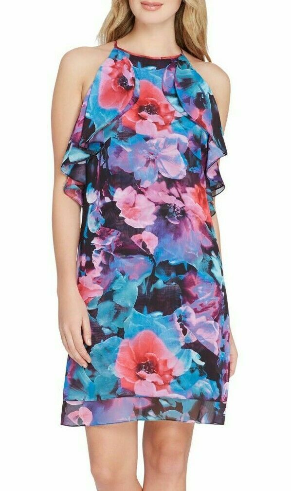 Tahari ASL Levine Watercolor Floral Ruffle Chiffon Shift Dress Size 8 Black Pink