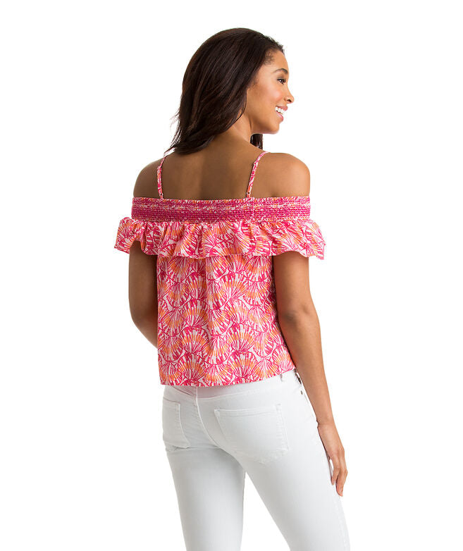 Vineyard Vines Pink Orange Seashell Print Off the Shoulder Top Blouse Size XS