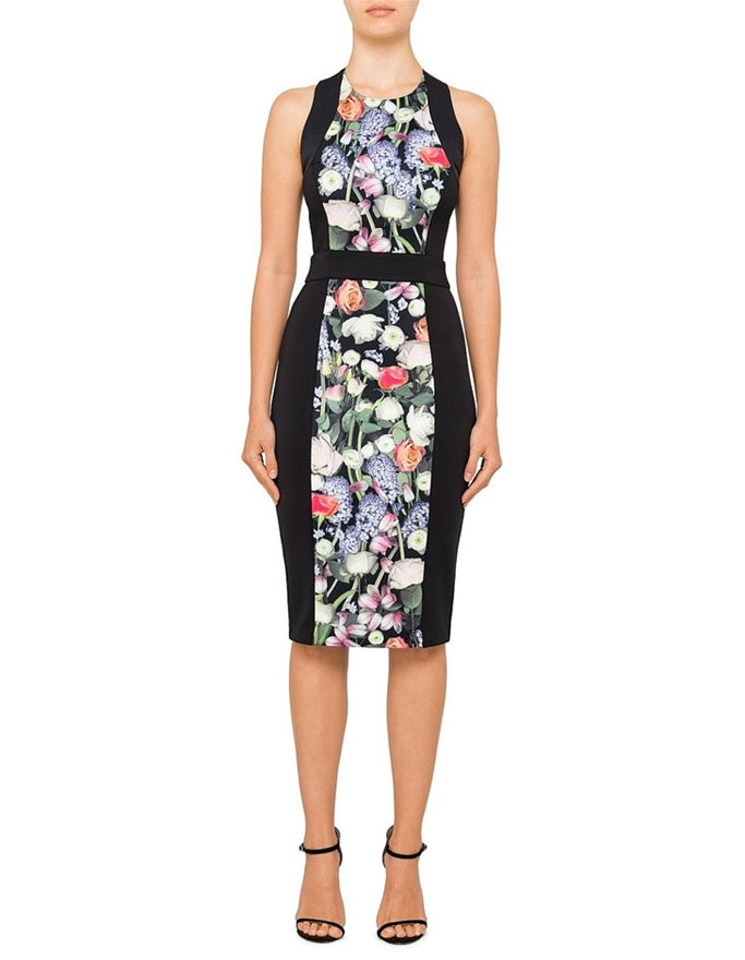 Ted Baker Avka Kensington Floral Print Bodycon Sheath Dress Size 3 Strappy Black