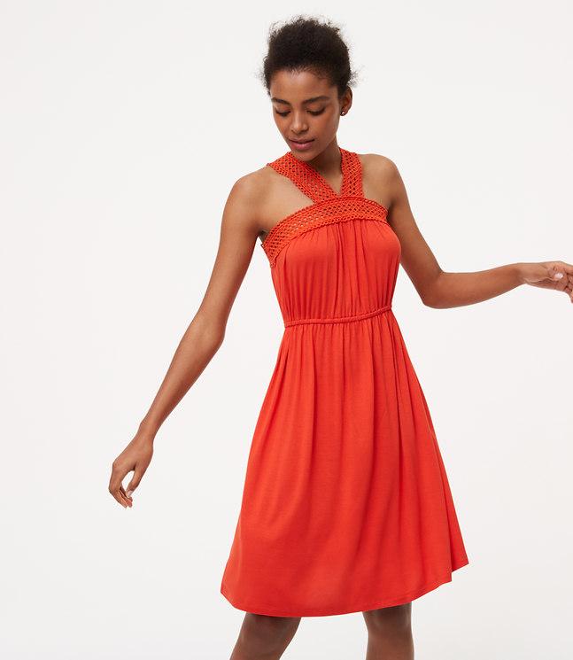 NWT Ann Taylor Loft Orange Lace Crochet Halter Neck Knit Dress Size S Casual