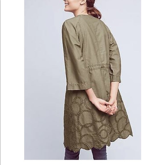 Hei Hei Anthropologie Green Embroidered Eyelet Scallop Long Jacket Trench Size S