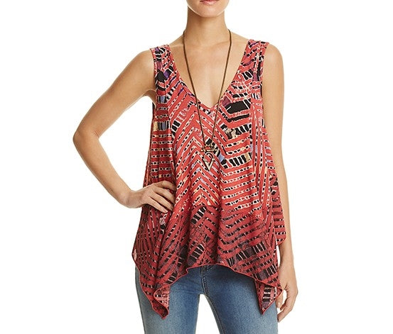 Free People Day Dreamers V Neck Printed Swing Tank Top Blouse Sz S Asymmetrical