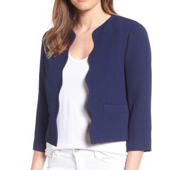 NWT $250 Draper James Solid Navy Blue Scallop Open Front Blazer Jacket Size 0