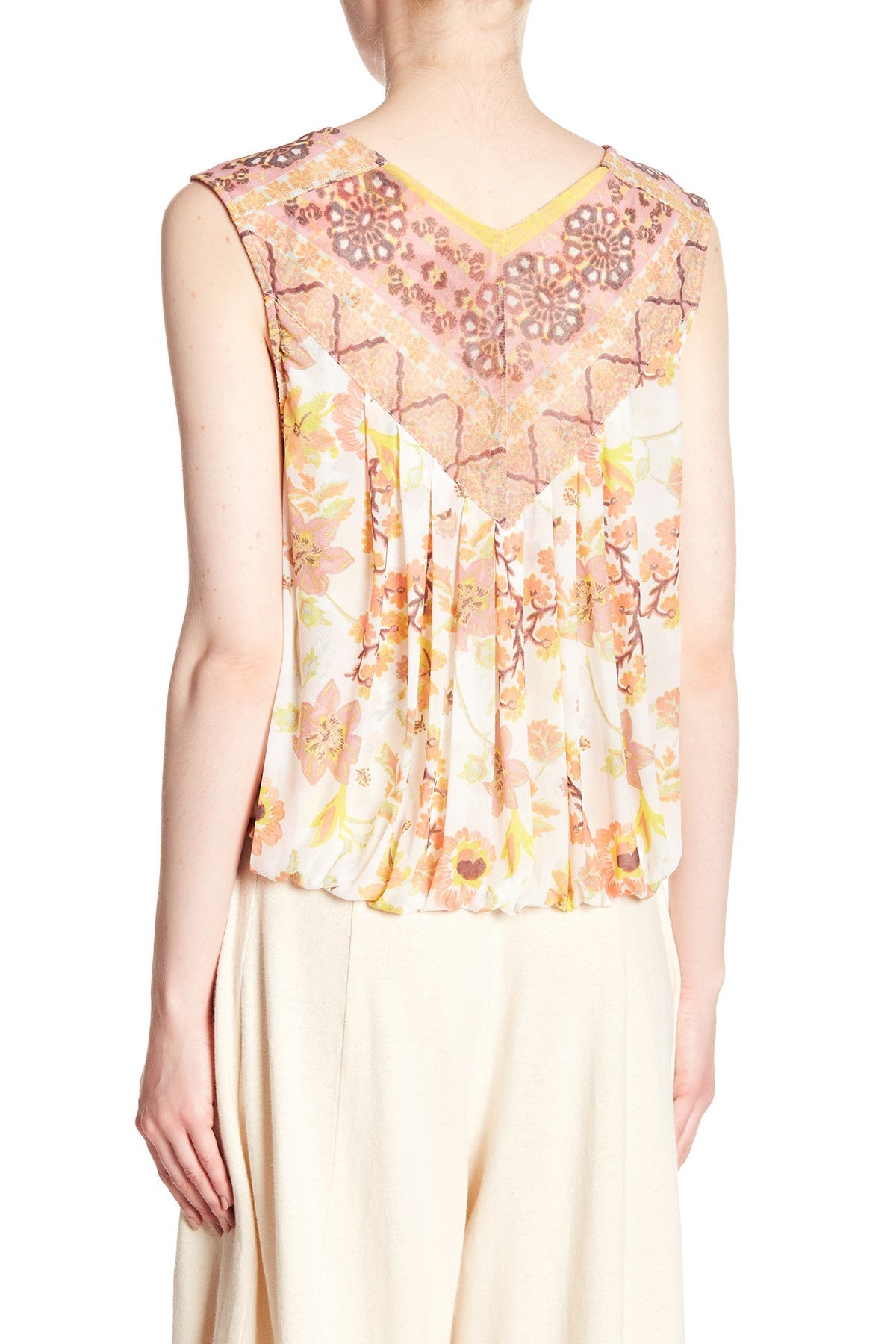 Free People Mesh Floral Print Havana Muscle Tank Hi Lo Sz XS Draped White Yellow