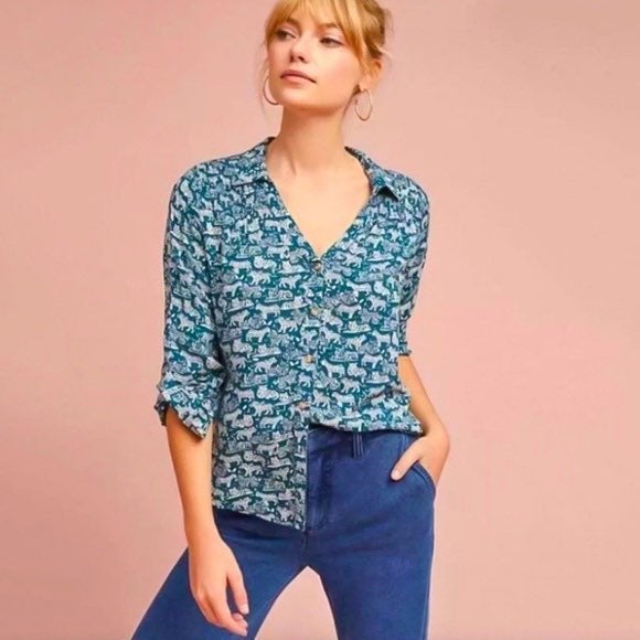 Maeve Anthropologie Emory Teal Tiger Print Button Front Blouse Top Size 2