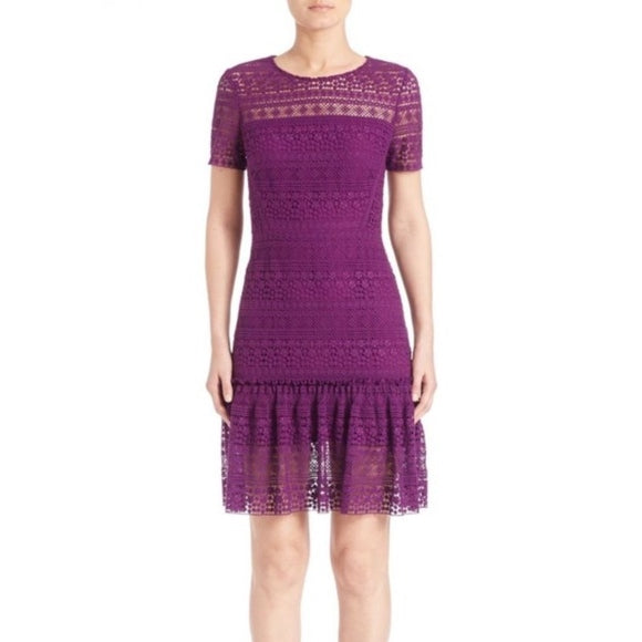 Elie Tahari Jacey Purple Lace Short Sleeve Flounce Hem Sheath Dress Size 8