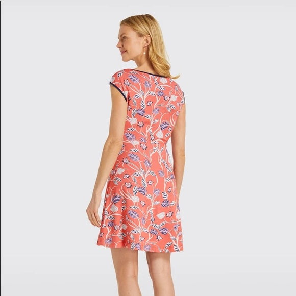 NWT Draper James Coral Floral Print Ponte Knit Fit and Flare Dress Size S Blue