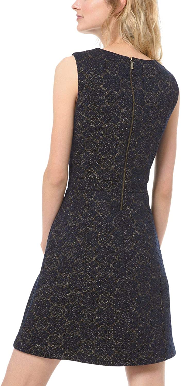 NWT Michael Kors Navy Blue Gold Medallion Jacquard A Line Sheath Dress XXS 2XS