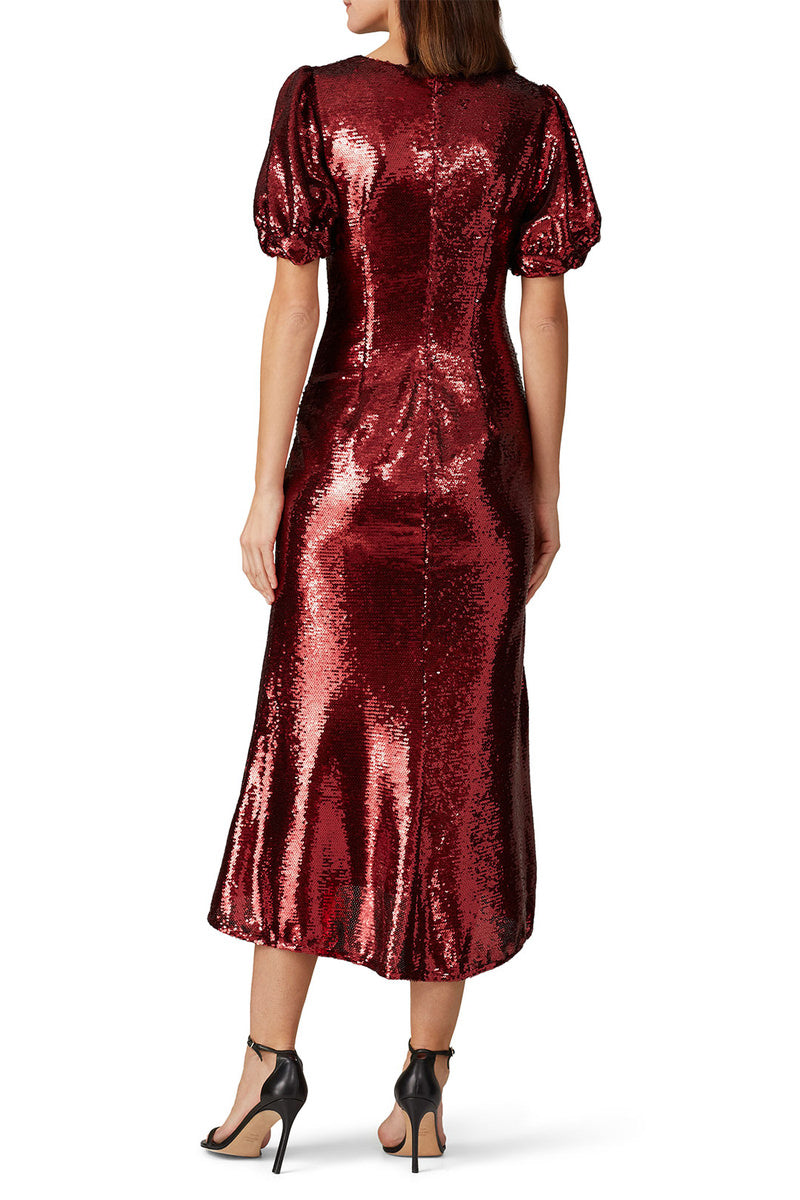 NWT Keepsake Farewell Ruby Red Sequin Midi Dress Size XS US 0 - 2 Puff Sleeve