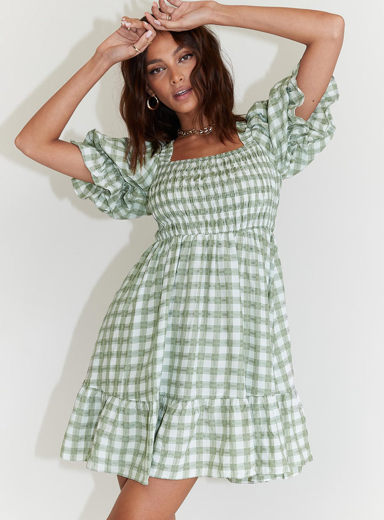 NWT Princess Polly Adelio Green Plaid Puff Sleeve Mini Dress Size US 12 Smocked