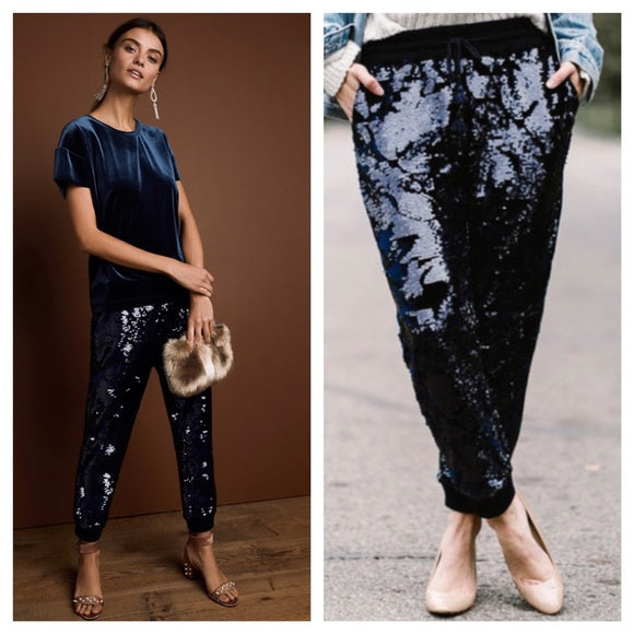 Ett Twa Anthropologie Navy Blue Velvet Sequin Jogger Pants Size PXS XSP